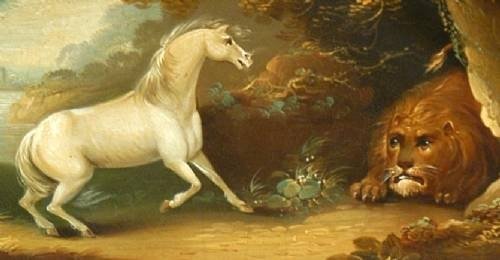 fig 3. ***SOLD**** Georgian English Oak Cased Grandfather Clock - George Stubbs 'Horse frightened by Lion'